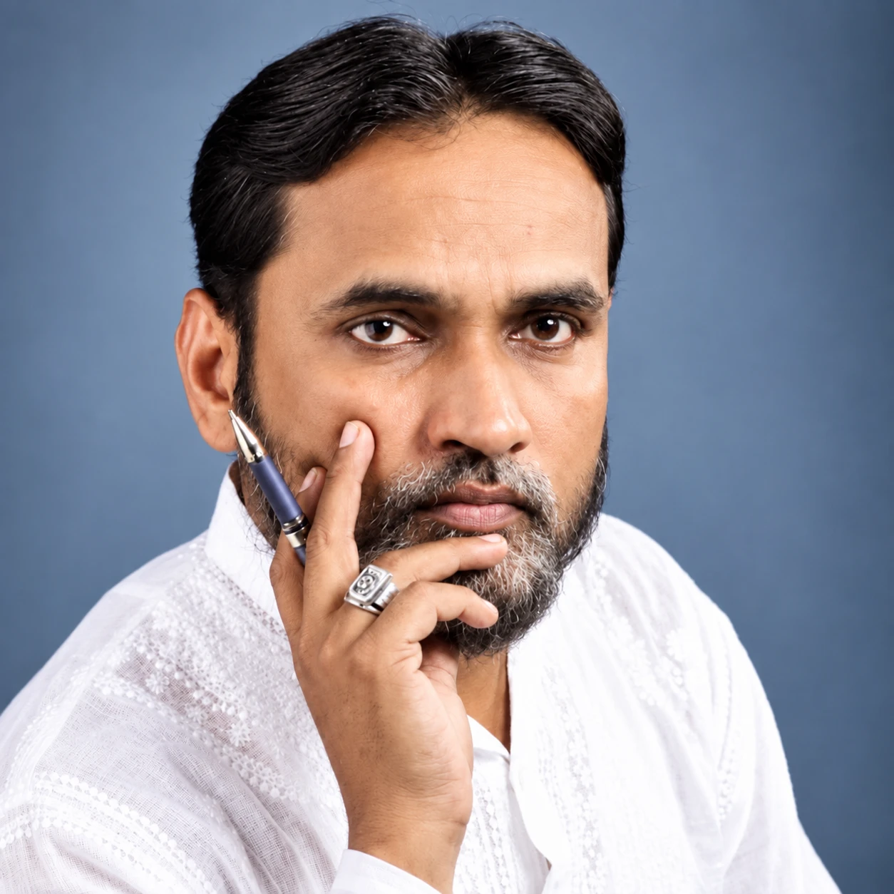 Portrait of the founder of Limra Café, in a white embroidered kurta, holding a pen